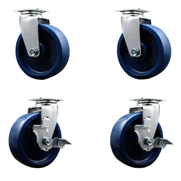 6 Inch Solid Polyurethane Swivel Caster Set with Ball Bearings 2 Brakes